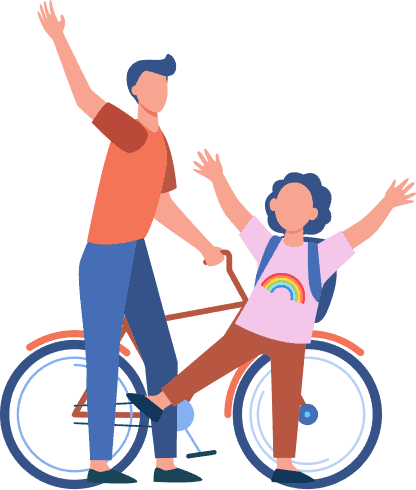 A man and a child riding a bike.