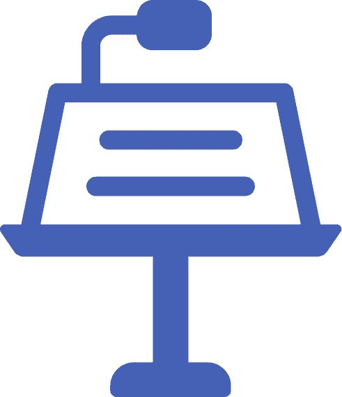 A blue icon of a podium with a microphone on it.