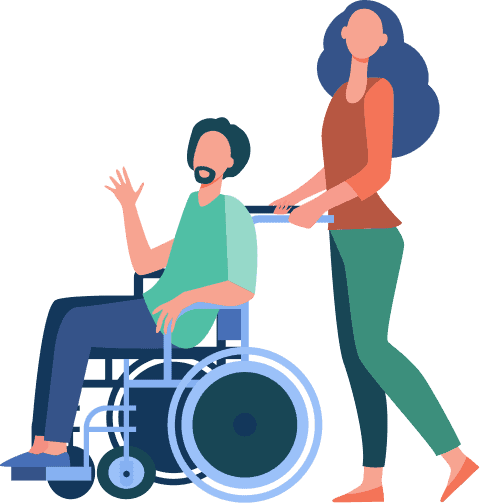A man is pushing a woman in a wheelchair.
